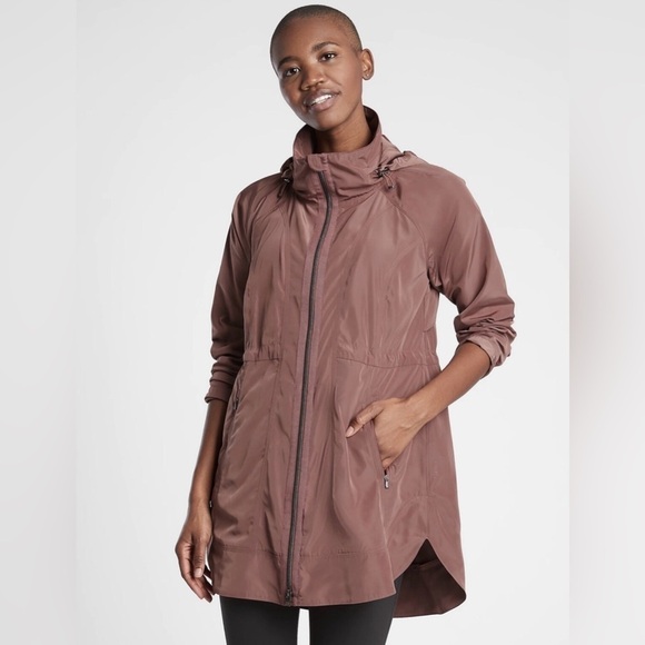Athleta Drip Drop Jacket Long Windbreaker Stowaway Hood in Mauve - Picture 6 of 15